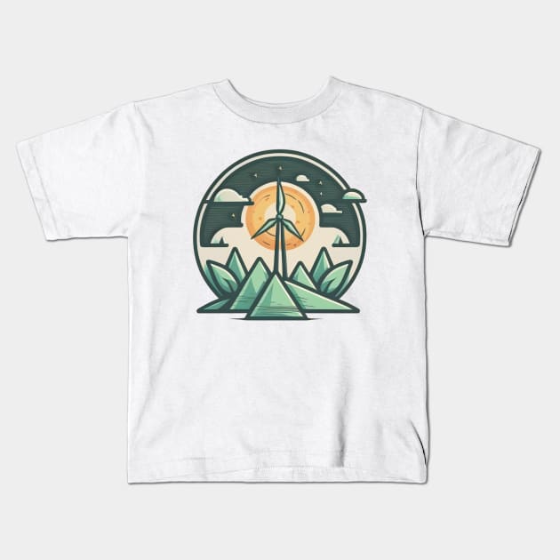 Eco-Friendly Cartoon Wind Turbine Design - Planting Trees One Product at a Time Kids T-Shirt by Greenbubble